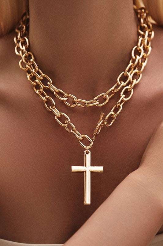 PUFFY CROSS CHUNKY CHAIN STATEMENT TOGGLE NECKLACE | 40NK9668