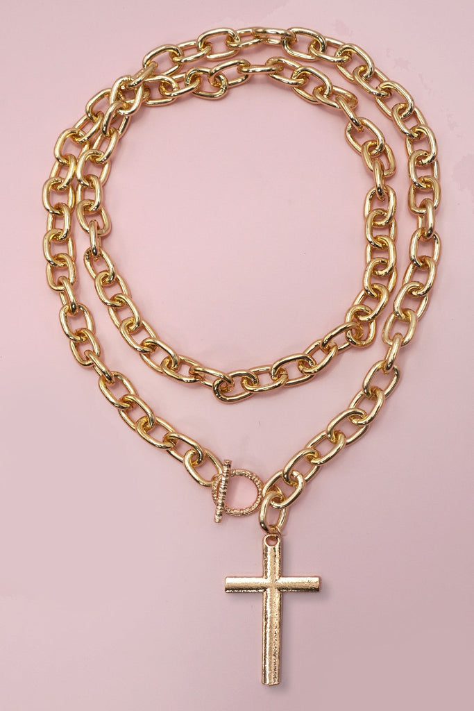 PUFFY CROSS CHUNKY CHAIN STATEMENT TOGGLE NECKLACE | 40NK9668