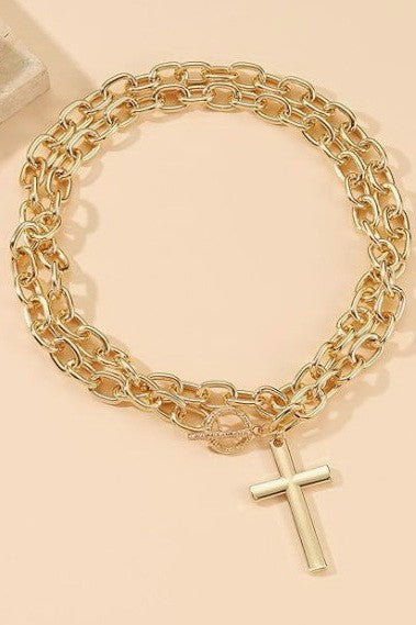 PUFFY CROSS CHUNKY CHAIN STATEMENT TOGGLE NECKLACE | 40NK9668