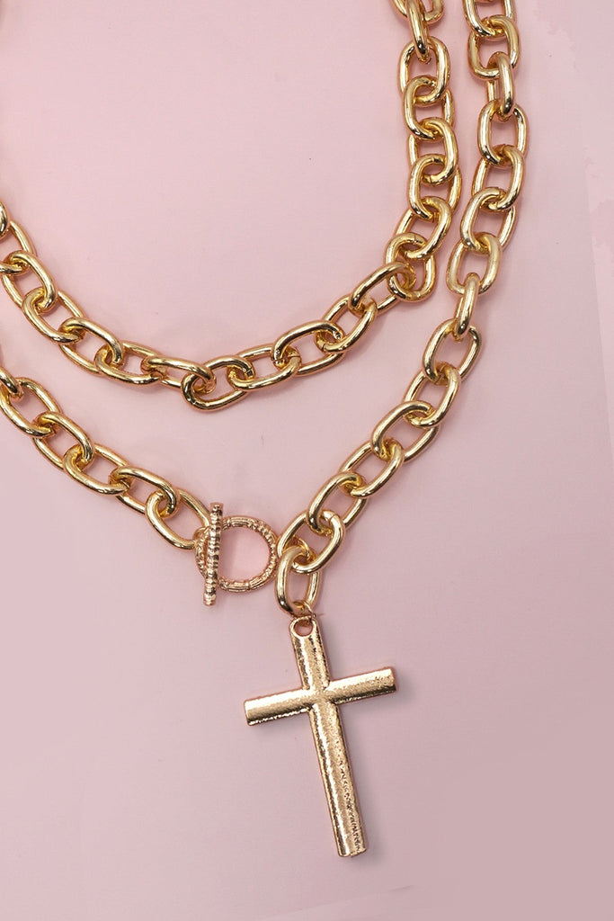 PUFFY CROSS CHUNKY CHAIN STATEMENT TOGGLE NECKLACE | 40NK9668