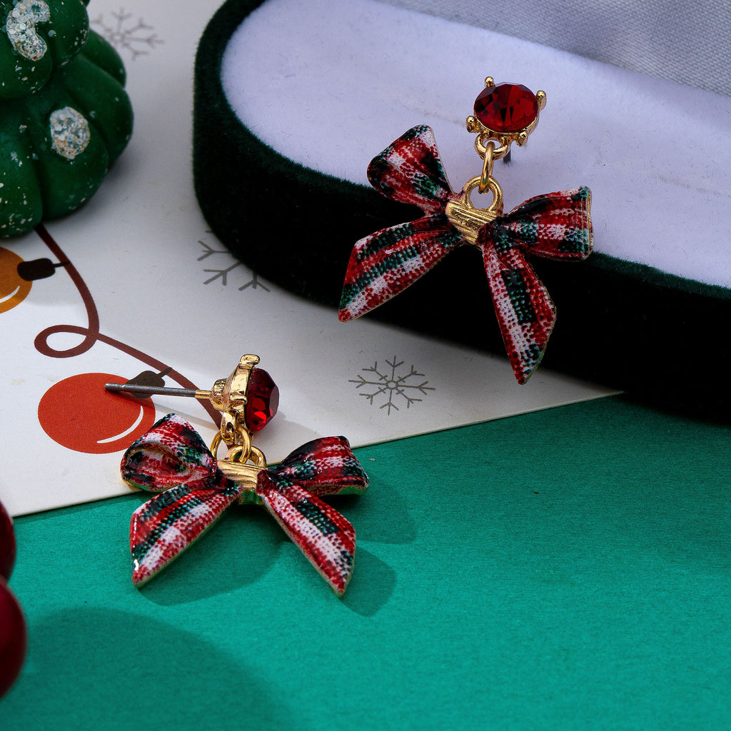 Tartan Plaid Bow Red Rhinestone Drop Earrings | 80E63572