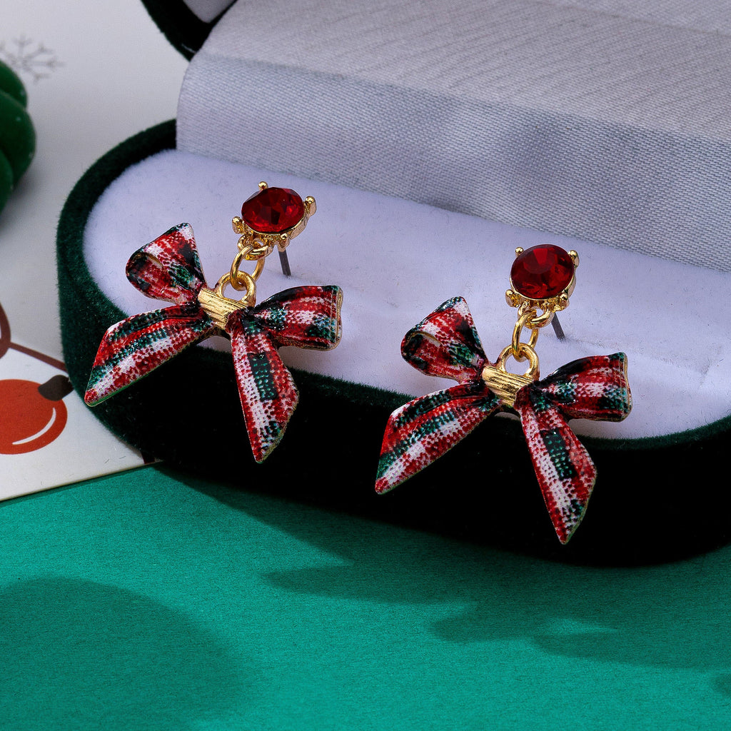 Tartan Plaid Bow Red Rhinestone Drop Earrings | 80E63572