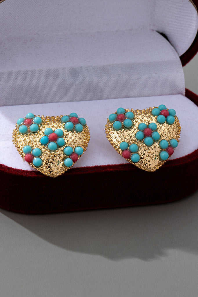 MULTI FLORAL TURQ HEART STUD EARRINGS | 80E61525