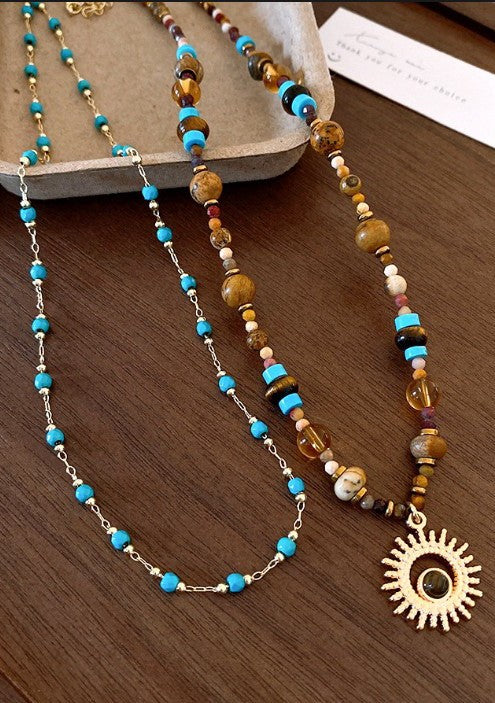 MULTI LAYER NATURAL STONE CHAIN CHARM NECKLACE | 40NK9625