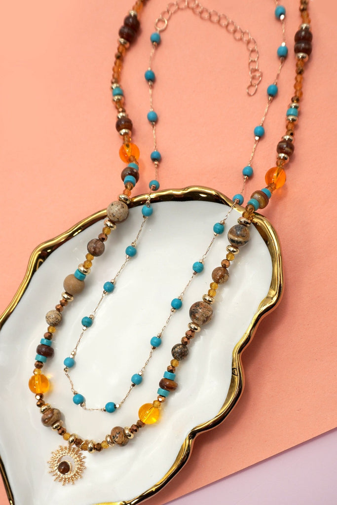 MULTI LAYER NATURAL STONE CHAIN CHARM NECKLACE | 40NK9625