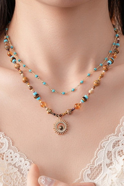 MULTI LAYER NATURAL STONE CHAIN CHARM NECKLACE | 40NK9625