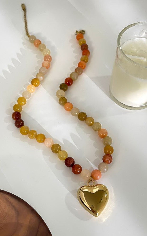 MULTI EARTHY NATURAL STONE HEART CHARM NECKLACE | 40NK9629