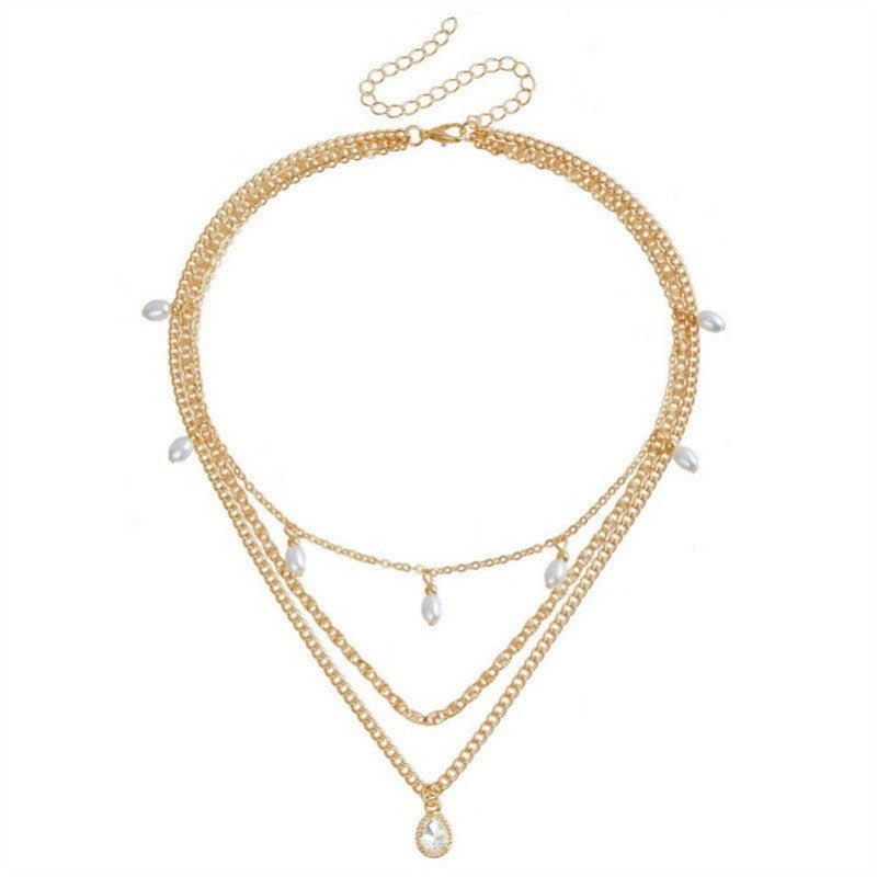 MULTI LAYER STONE CHAIN TEARDROP CHARM NECKLACE | 40NK9637