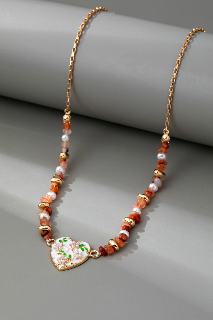 BEADED STONE CHAIN FLORAL PEARL HEART CHARM | 80N92646