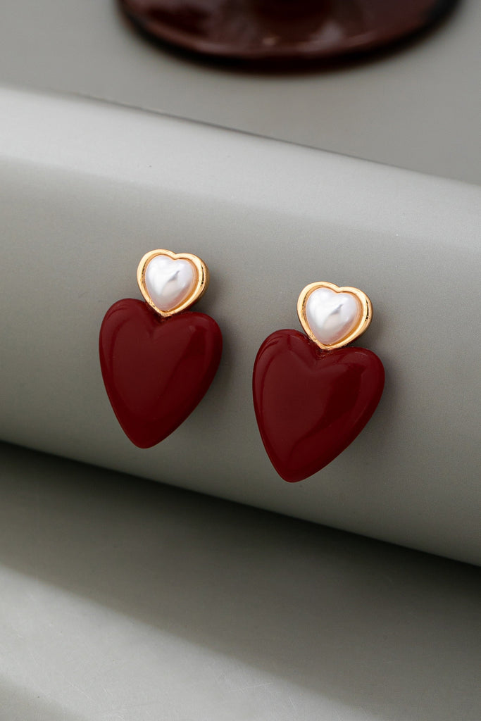 DOUBLE HEART PEARL RED HEART DROP EARRINGS | 80E61544