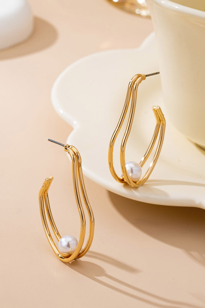 Gold-Tone Double Wave Pearl Hoop Earrings | 80E61710