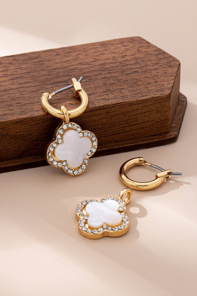MOP Rhinestone Clover Drop Hoop Earrings | 80E61604