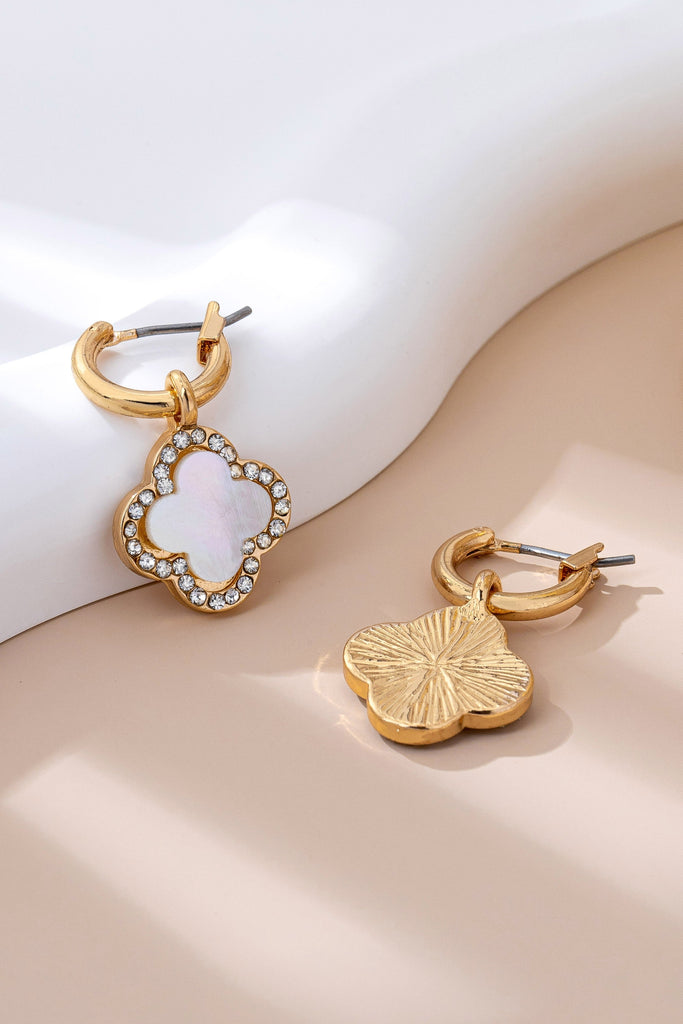 MOP Rhinestone Clover Drop Hoop Earrings | 80E61604