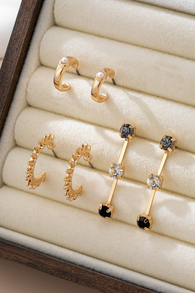 Gold-Tone Mixed Crystals & Black Gems Earring Set | 80E61607