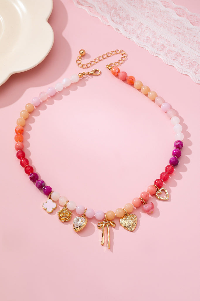 Pastel Beaded Bow Heart Flower Charm Necklace | 80N92704