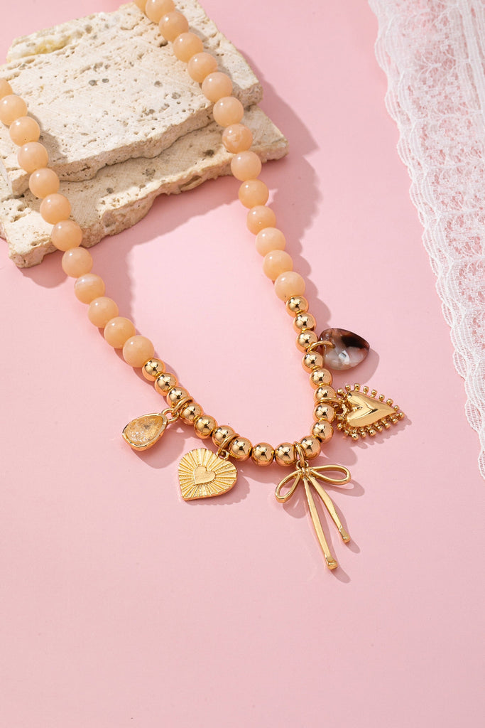 Beige Beaded Bow Heart Rhinestone Charm Necklace | 80N92689