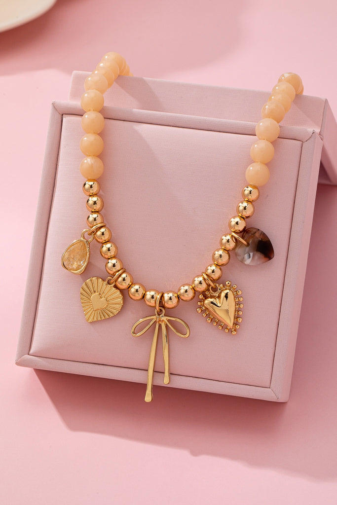 Beige Beaded Bow Heart Rhinestone Charm Necklace | 80N92689