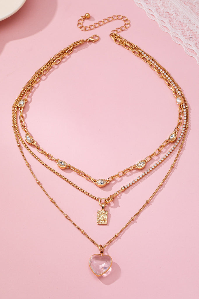 Multi Layered Rhinestone Heart Charm Necklace | 80N92691