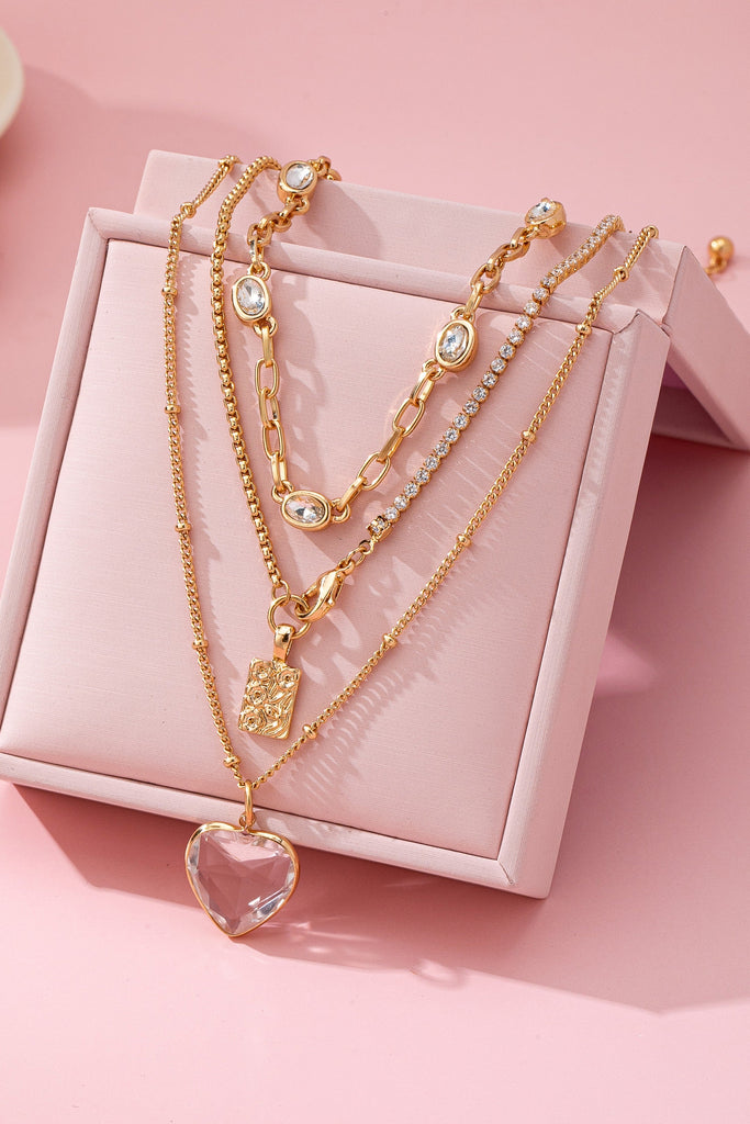 Multi Layered Rhinestone Heart Charm Necklace | 80N92691