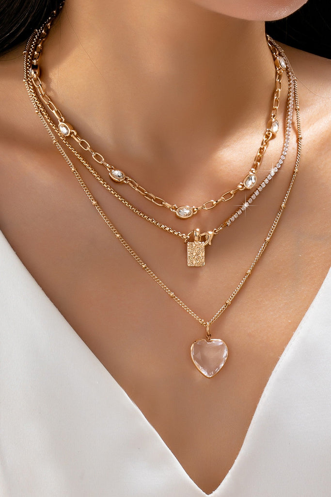 Multi Layered Rhinestone Heart Charm Necklace | 80N92691