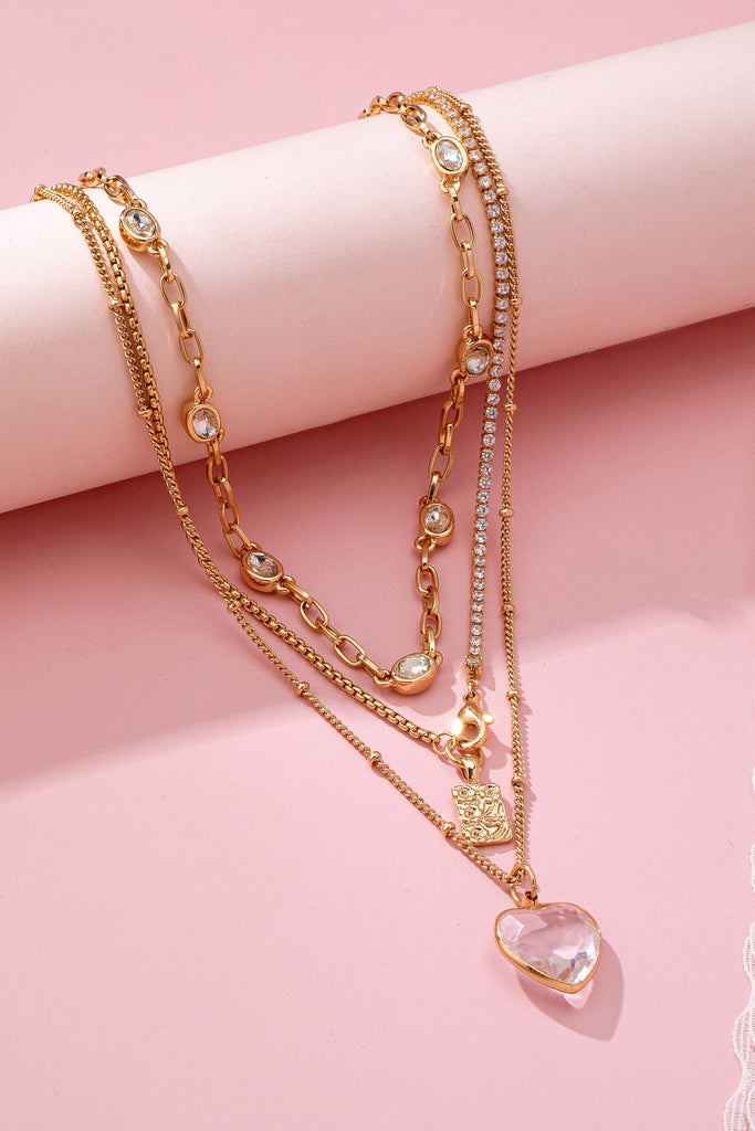 Multi Layered Rhinestone Heart Charm Necklace | 80N92691