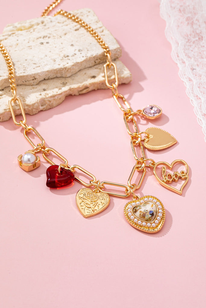 CHARM NECKLACE-PORCELAIN HEART RHINESTONE PEARL | 80N92696