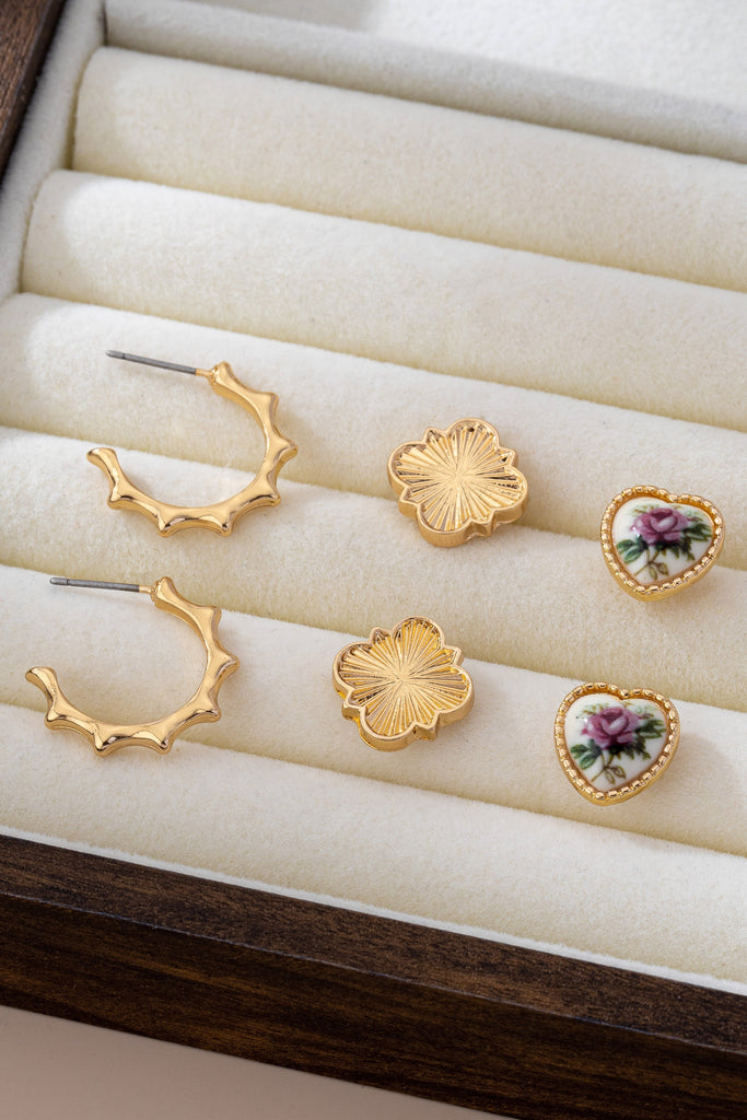 Floral & Textured Gold Stud Earring Set | 80E61663