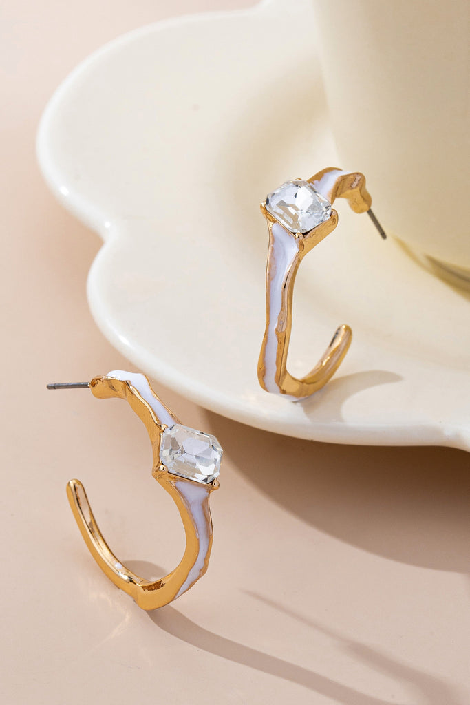 White Enamel & Crystal Gold Hoop Earrings | 80E61644