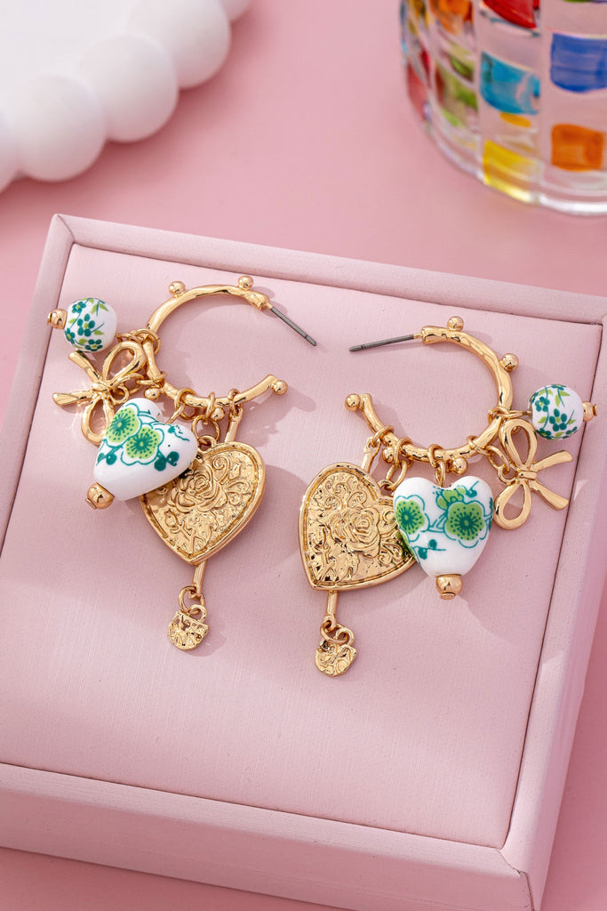 Chinoiserie Heart Charm Hoop Earrings | 80E61659