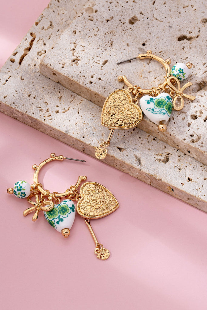 Chinoiserie Heart Charm Hoop Earrings | 80E61659