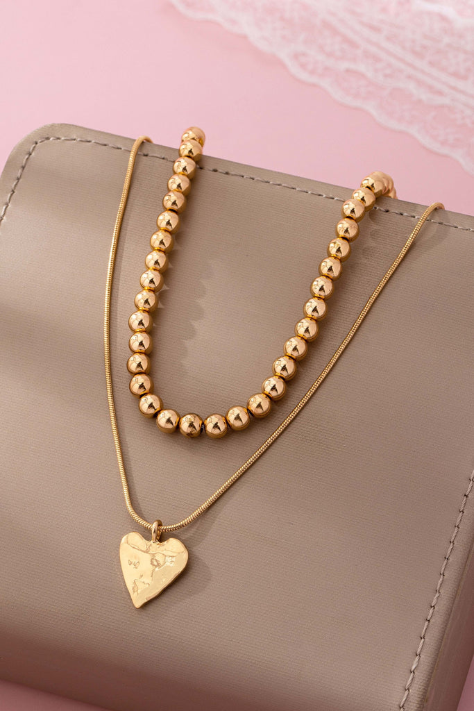 DOUBLE LAYER BALL CHAIN HEART CHARM NECKLACE | 80N92736