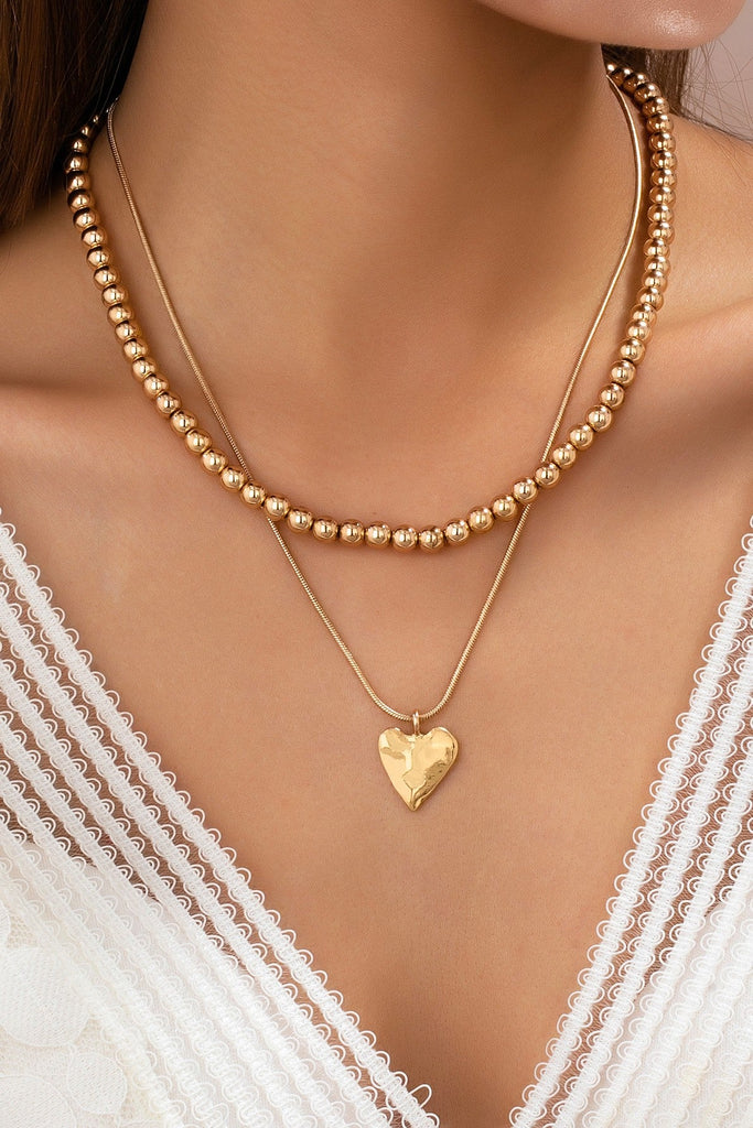 DOUBLE LAYER BALL CHAIN HEART CHARM NECKLACE | 80N92736