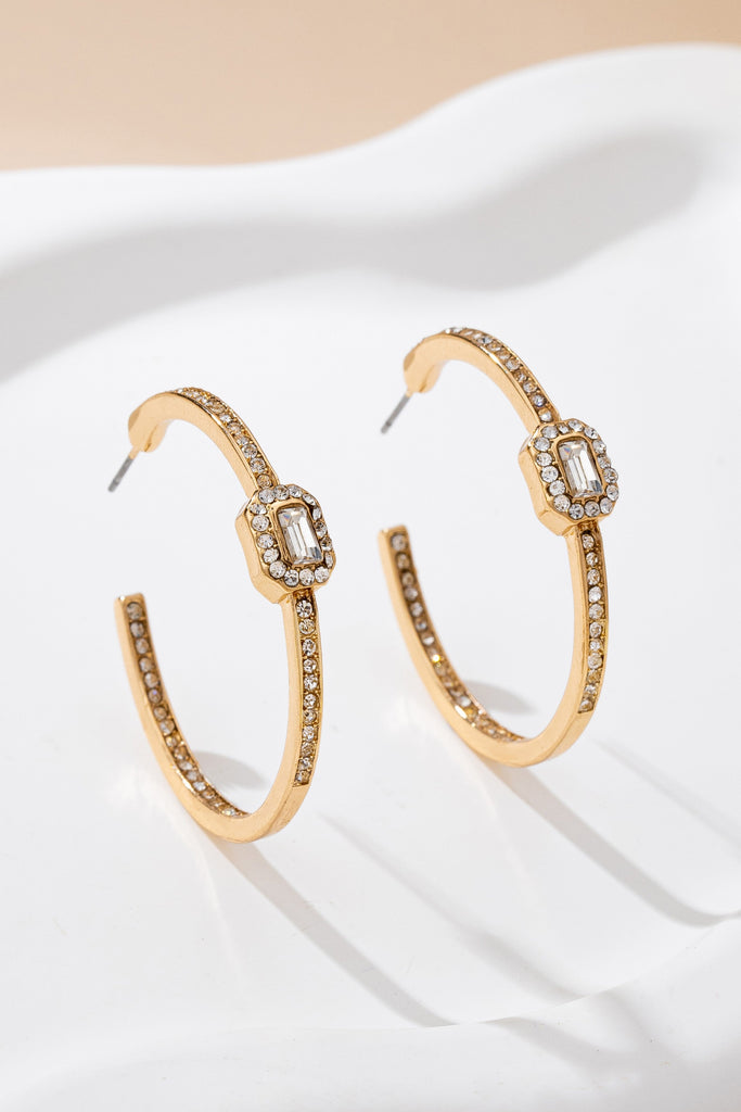Solitaire Square Crystal Gold Hoop Earrings | 80E61752