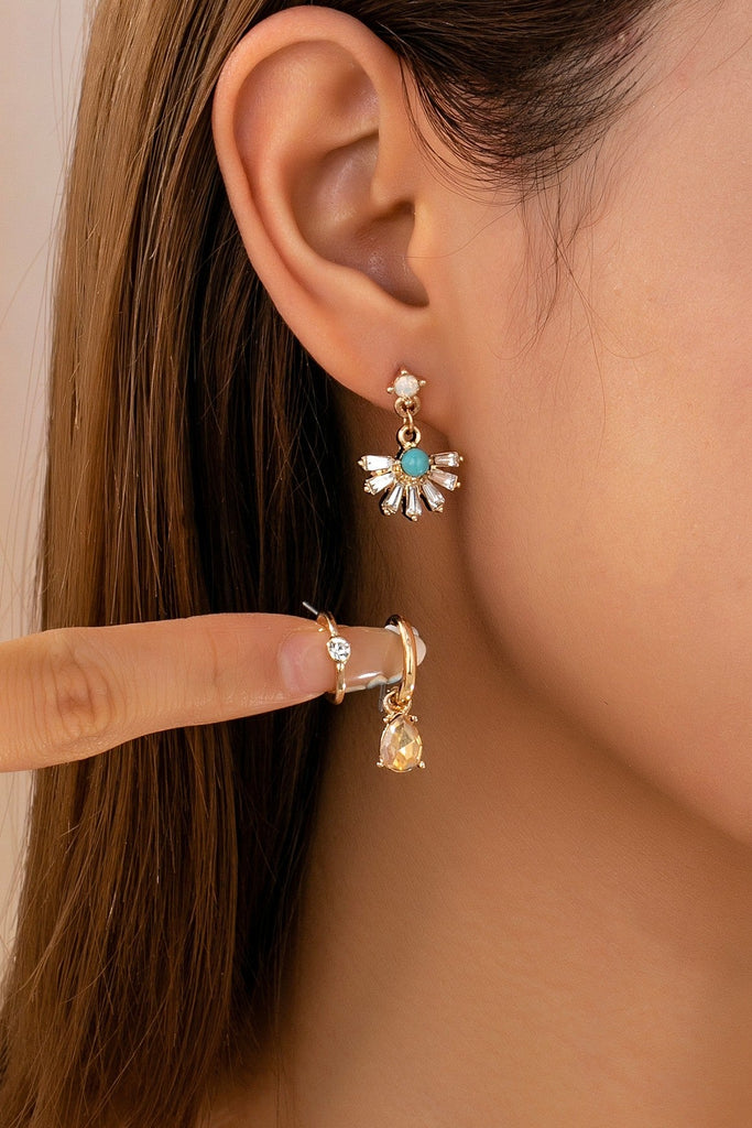 Turquoise Rhinestone Charm Hoop Trio Earring Set | 80E61738