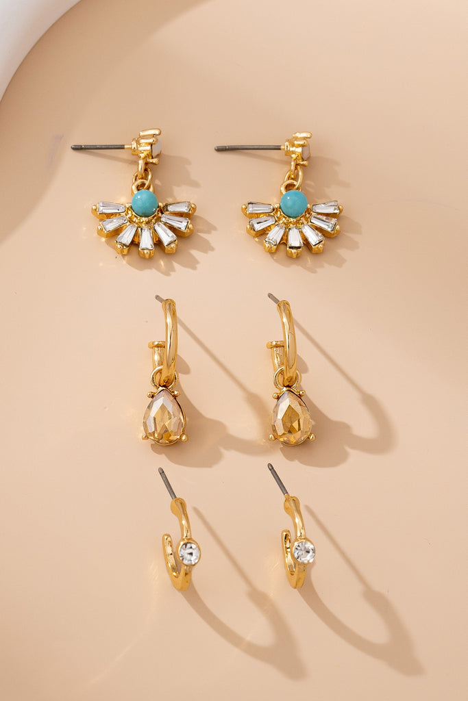 Turquoise Rhinestone Charm Hoop Trio Earring Set | 80E61738