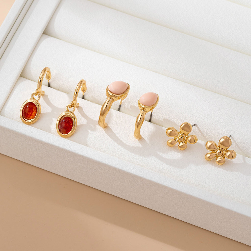 Gold Floral & Gem Drop Hoop Trio Earring Set | 80E61756