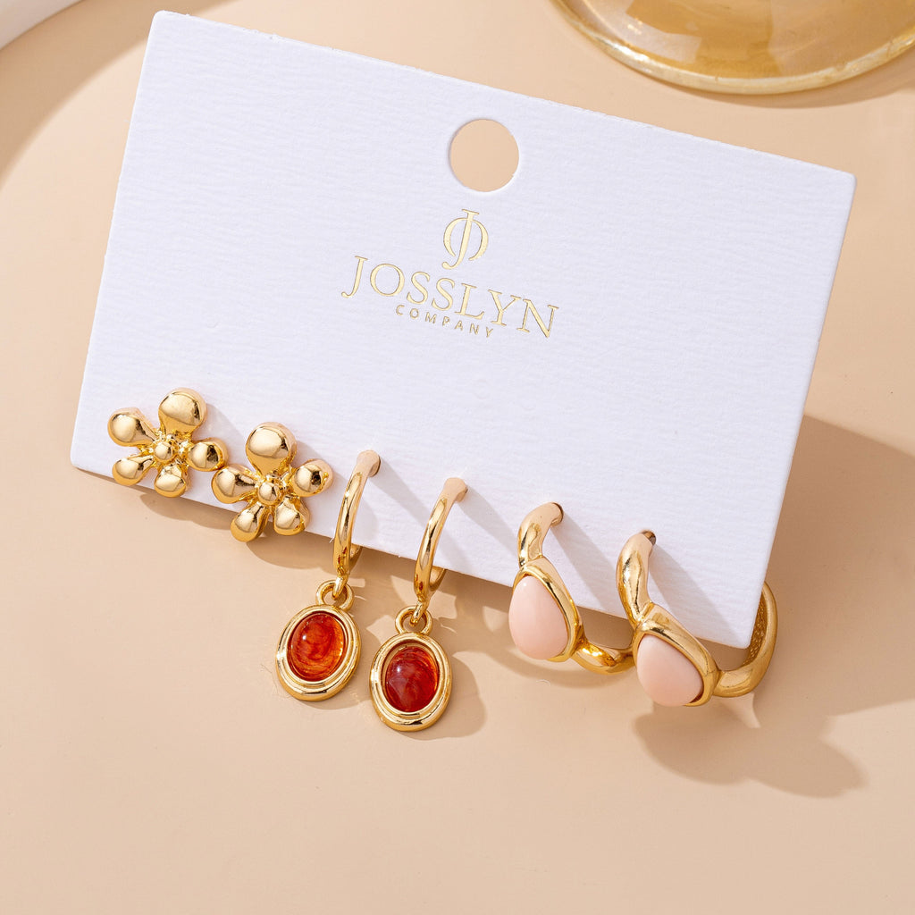 Gold Floral & Gem Drop Hoop Trio Earring Set | 80E61756