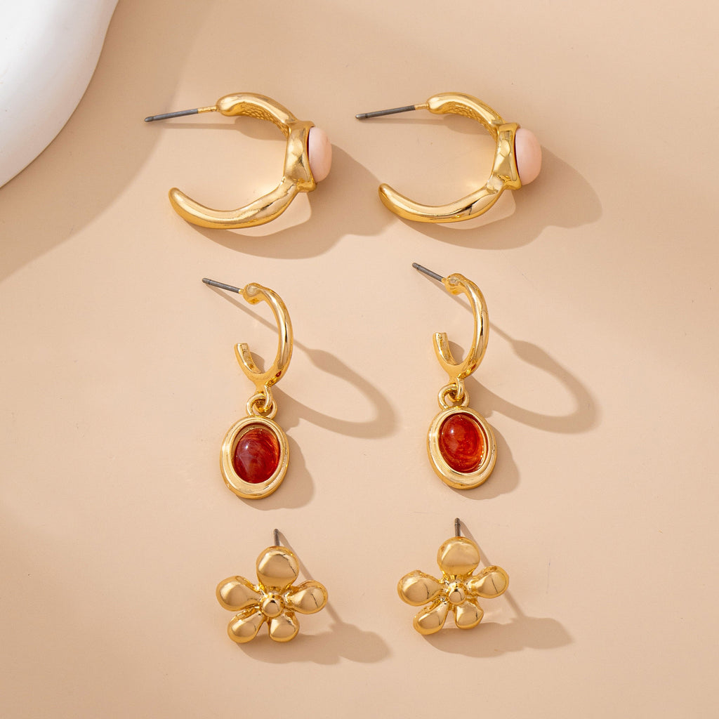 Gold Floral & Gem Drop Hoop Trio Earring Set | 80E61756