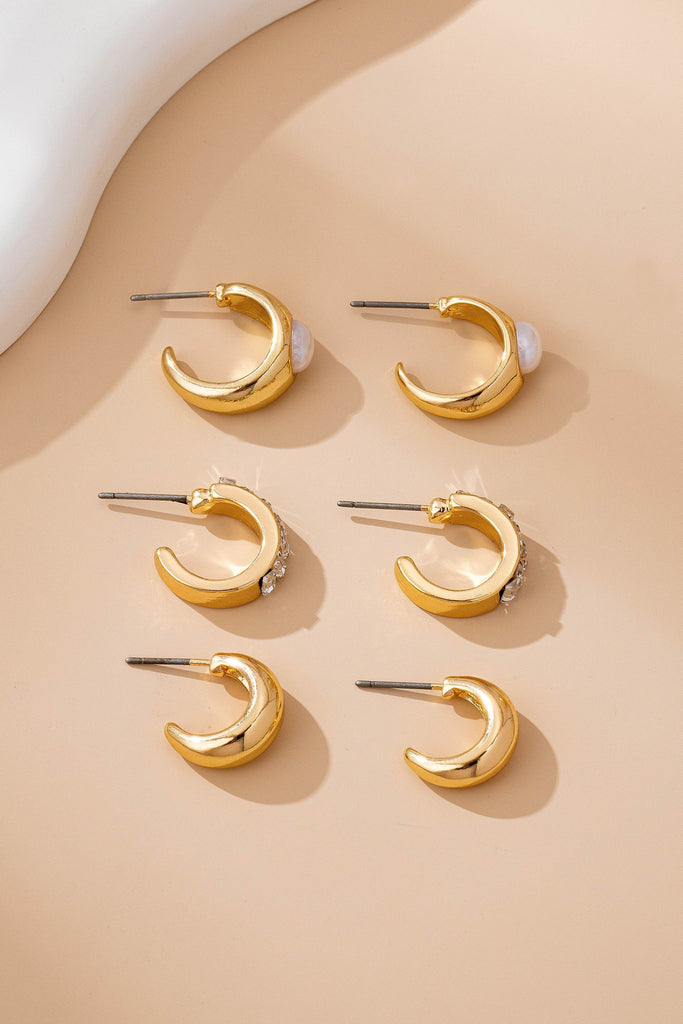 Pearl & Baguette Huggie Hoop Trio Earring Set | 80E61741