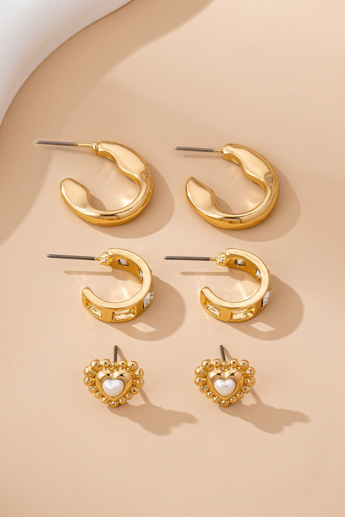 Pearl Heart & Rhinestone Huggie Hoop Trio Earring | 80E61757