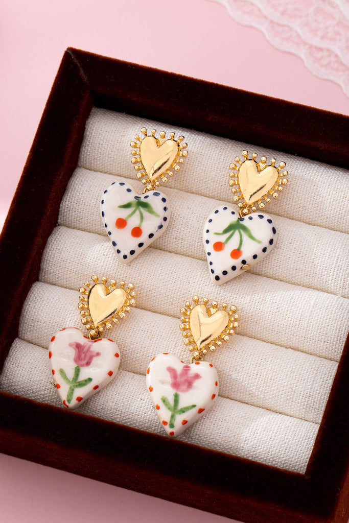 Cherry Heart Ceramic Drop Earrings | 80E61701