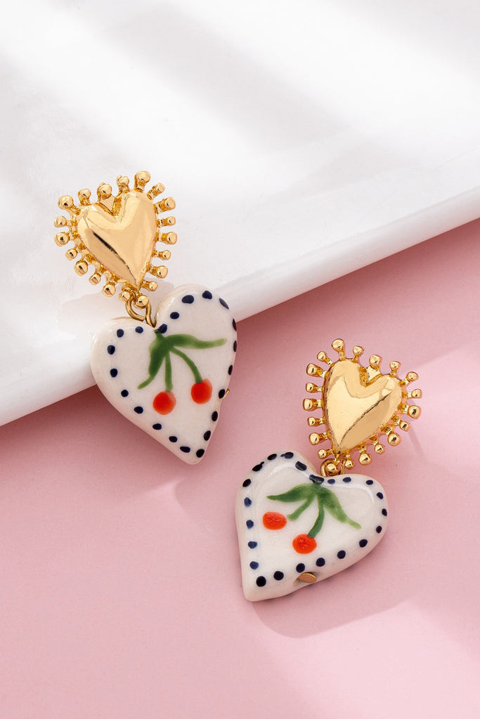 Cherry Heart Ceramic Drop Earrings | 80E61701