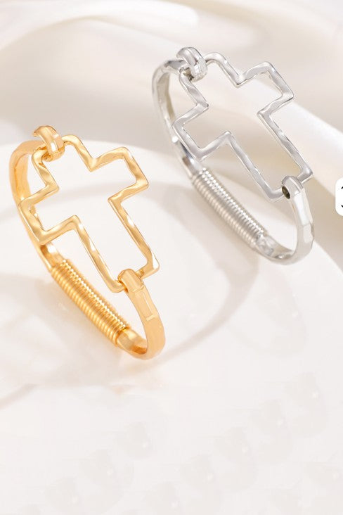 Hammered Open Cross Bangle - Silver or Gold | 40B5235
