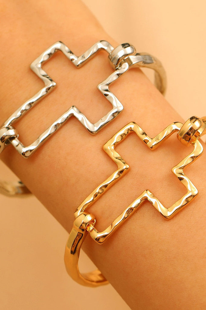 Hammered Open Cross Bangle - Silver or Gold | 40B5235