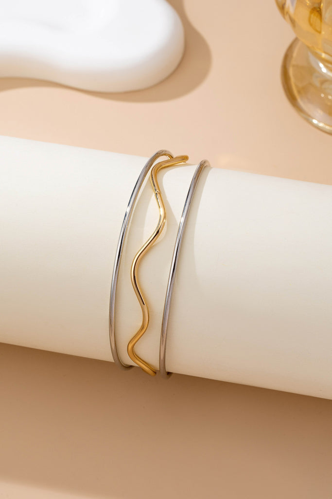 Mixed metal wavy and smooth bangle duo Bracelet | 80B1609