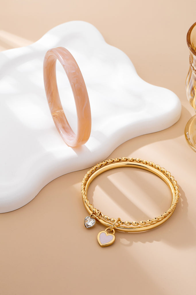 Gold and Acrylic Heart Charm Multi Bangle Set | 80B1611