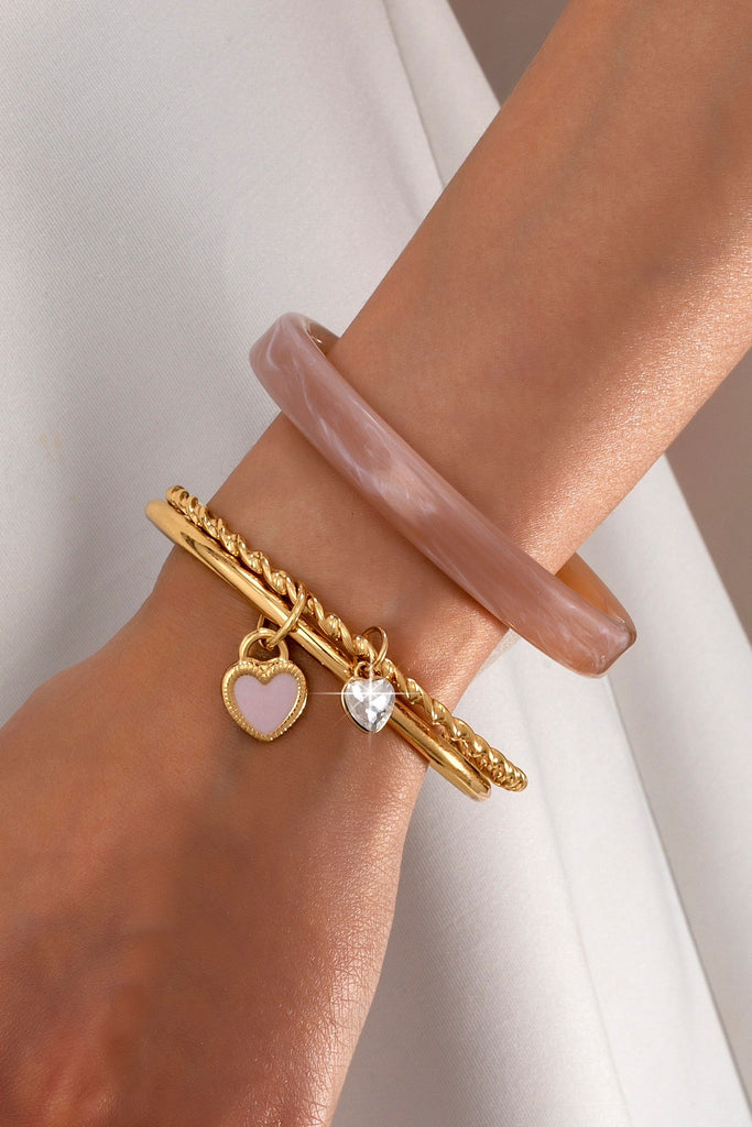 Gold and Acrylic Heart Charm Multi Bangle Set | 80B1611