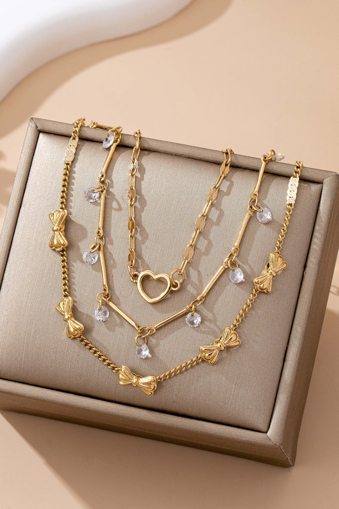 Crystal Drop Heart Bow Charm Multilayer Bracelet | 80B1594