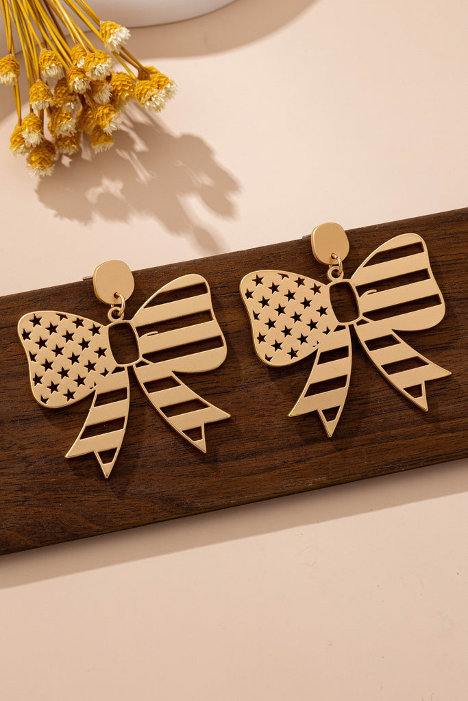 Fourth of July Star Stripe Bow Matte Gold Earrings | 80E61813