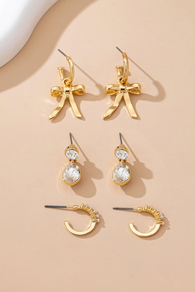 Pearl Crystal Teardrop Bow Trio Earring Set | 80E61791
